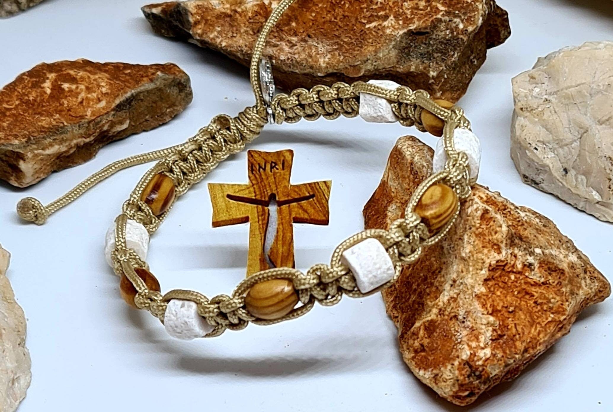 Saint Bracelet Wood / Stones, handmade holy bracelet, knotted cord catholic bracelet, Adjustable cord unisex bracelet, Catholic gift