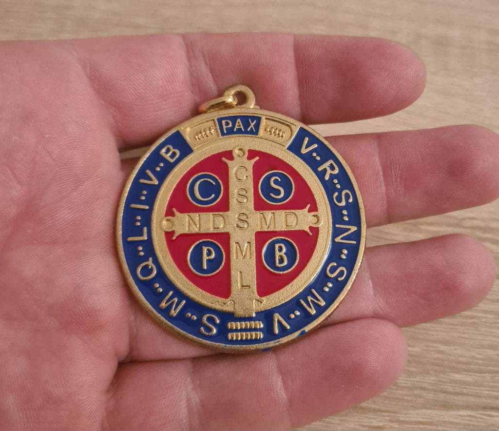 ST BENEDICT MEDAL, xl medal 2 inch, San Benito medal gold tone, Italy medal, Saint Benedict medal