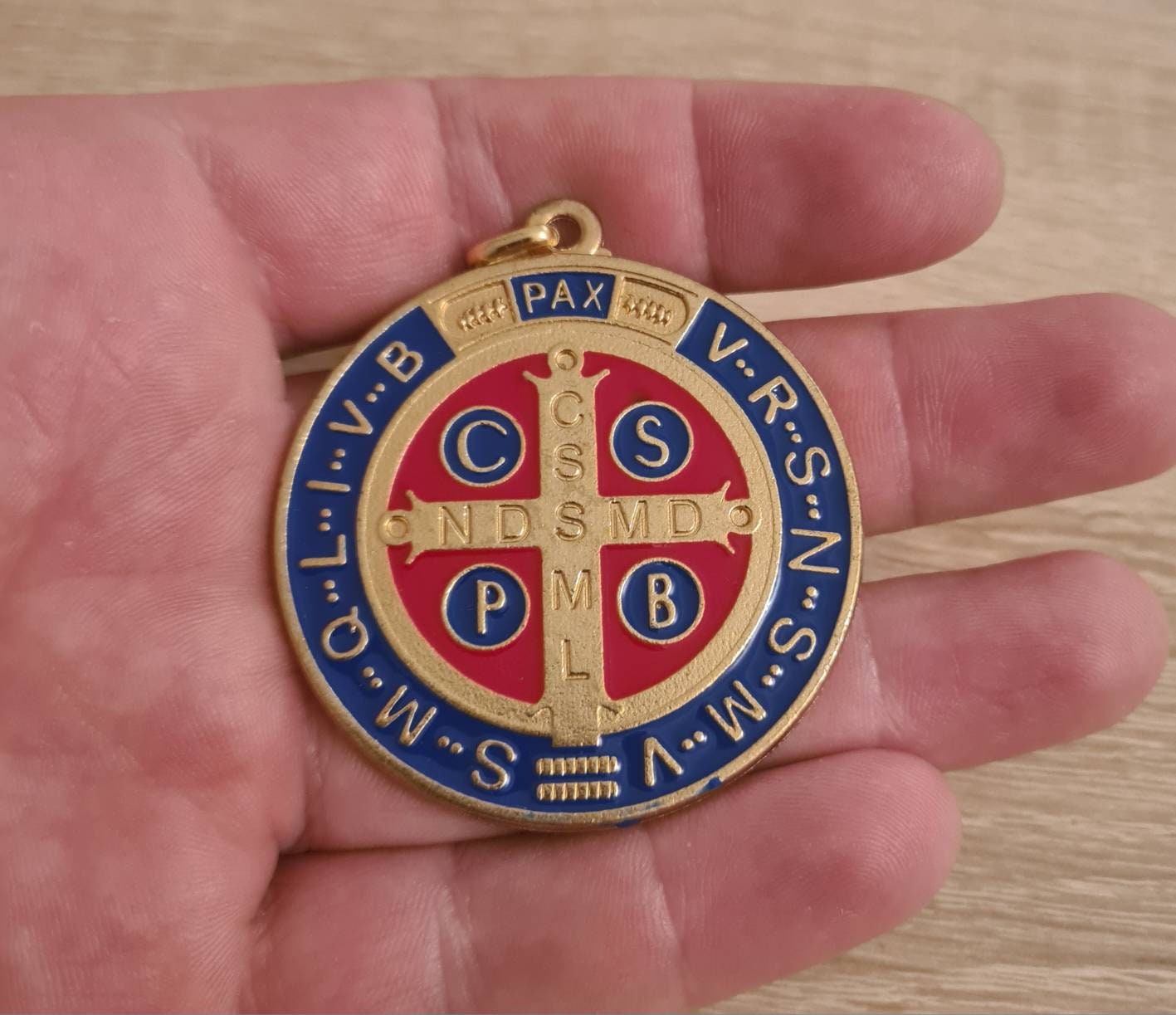 ST BENEDICT MEDAL, xl medal 2 inch, San Benito medal gold tone, Italy medal, Saint Benedict medal
