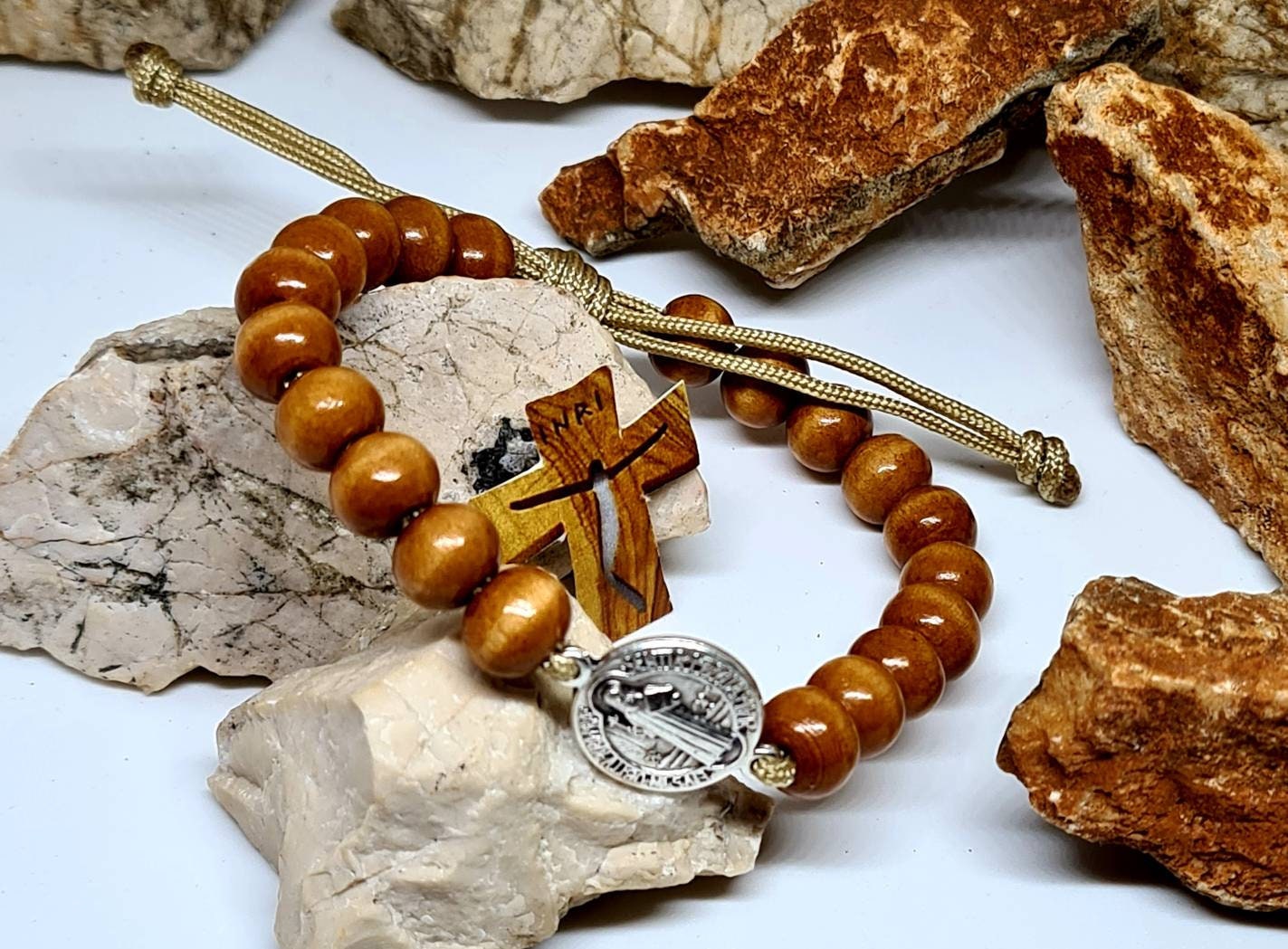 SAINT BENEDICT BRACELET, handmade wooden adjustable bracelet, christian holy bracelet, knotted cord bracelet, religious jewelry Medjugorje