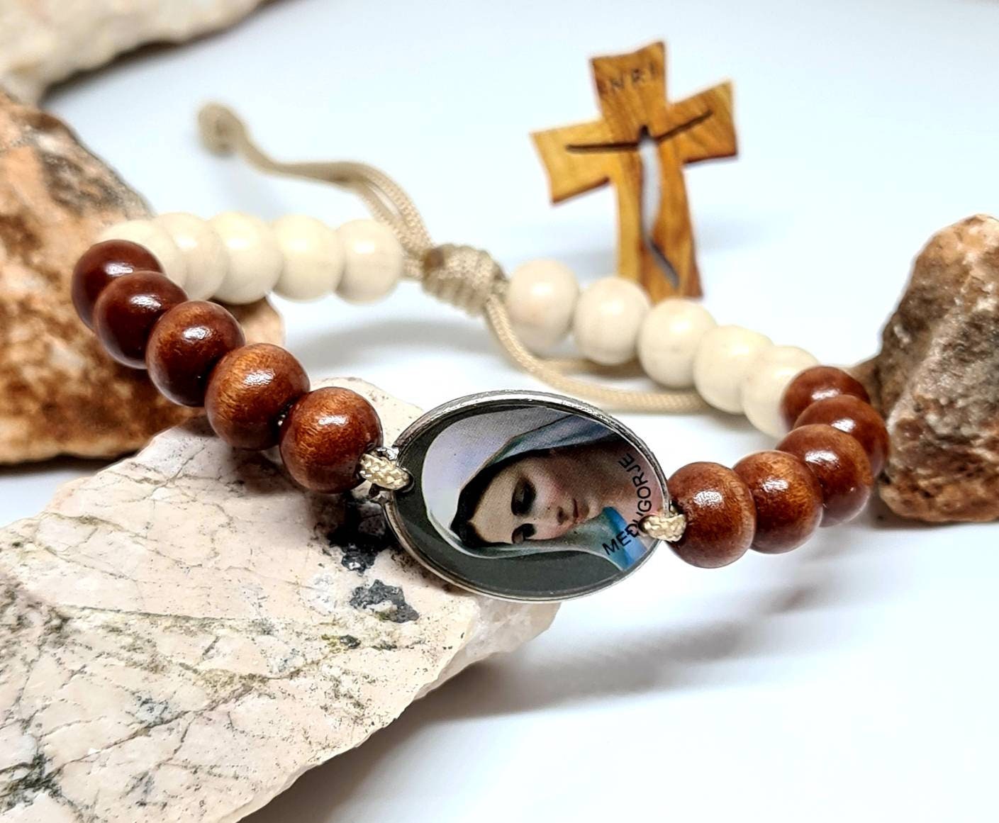 VIRGIN MARY bracelet, handmade catholic adjustable bracelet, cord holy bracelet, religious jewelry, christian bracelet, wooden bracelet