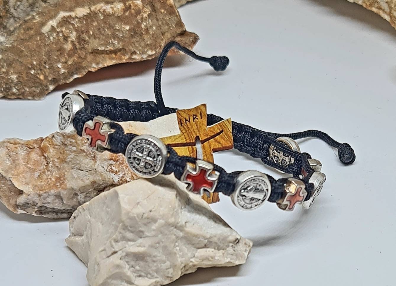 ST BENEDICT & red cross bracelet, handmade saint adjustable bracelet, christian holy bracelet, knotted cord bracelet from Medjugorje