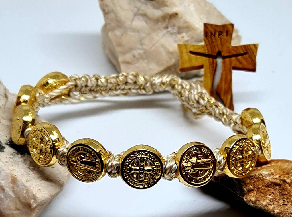 Handmade Saint Benedict gold Bracelet Knotted cord medal Jewerly religious Gift catholic Medjugorje women men adjustable blessing holy