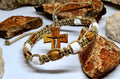 Saint Bracelet Wood / Stones, handmade holy bracelet, knotted cord catholic bracelet, Adjustable cord unisex bracelet, Catholic gift
