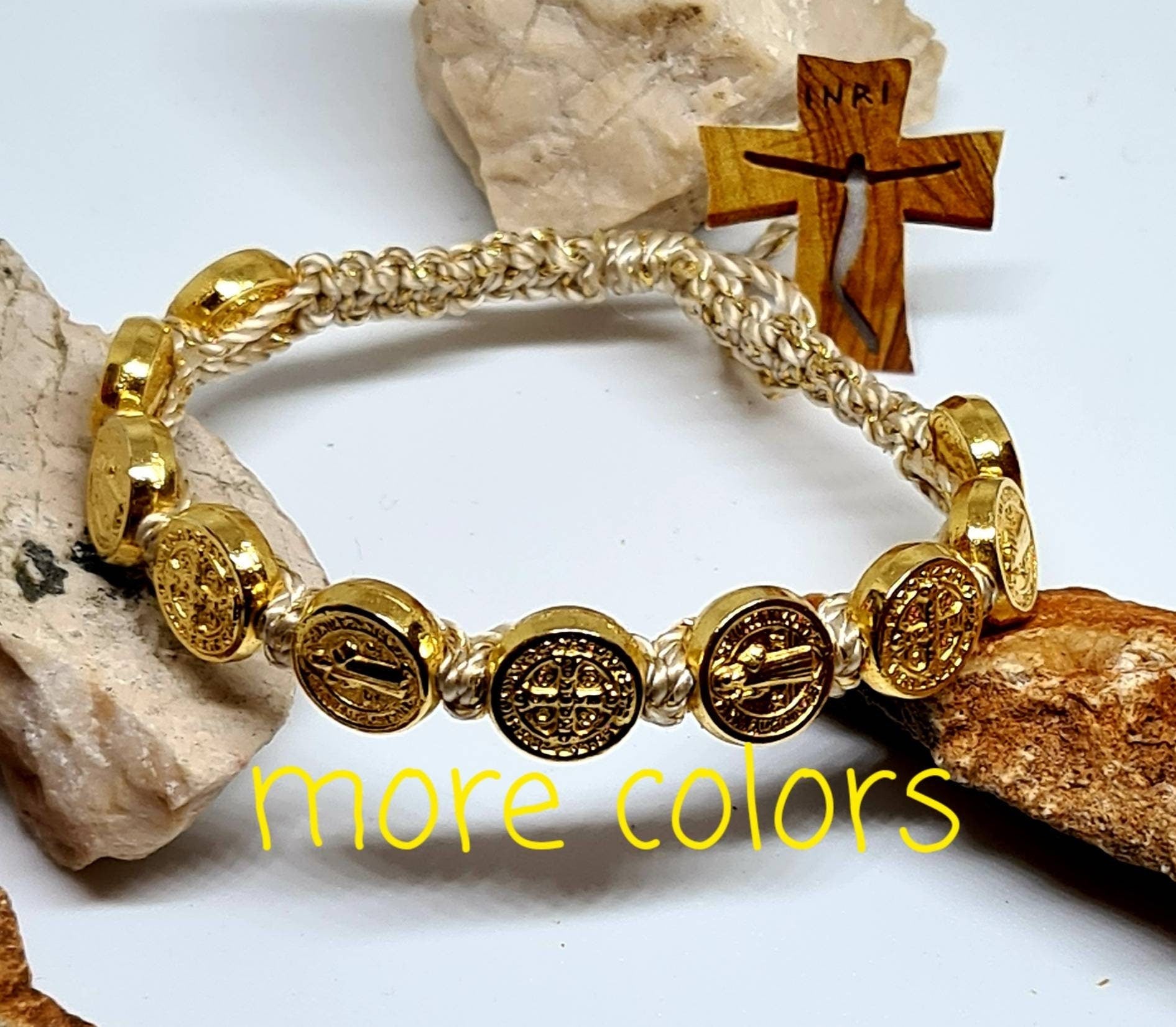 Handmade Saint Benedict gold Bracelet Knotted cord medal Jewerly religious Gift catholic Medjugorje women men adjustable blessing holy