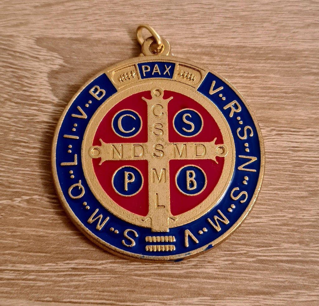 ST BENEDICT MEDAL, xl medal 2 inch, San Benito medal gold tone, Italy medal, Saint Benedict medal
