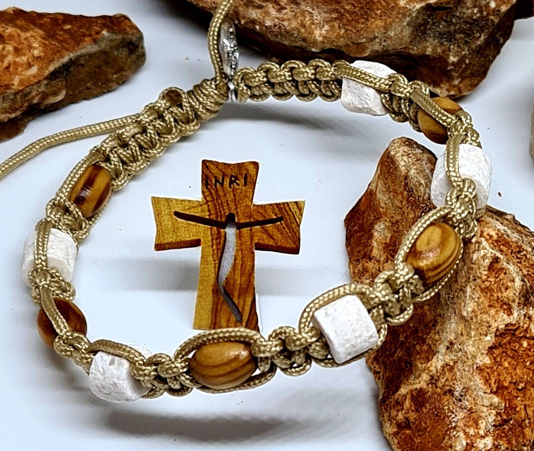 Saint Bracelet Wood / Stones, handmade holy bracelet, knotted cord catholic bracelet, Adjustable cord unisex bracelet, Catholic gift