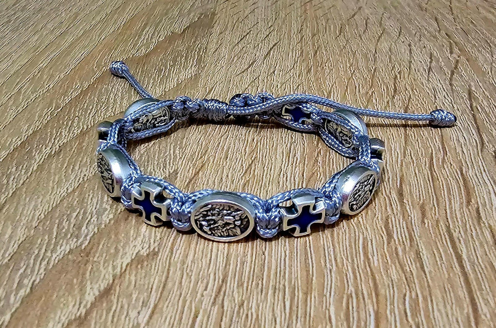 St Michael Archangel bracelet, blue crosses catholic bracelet, knotted cord bracelet