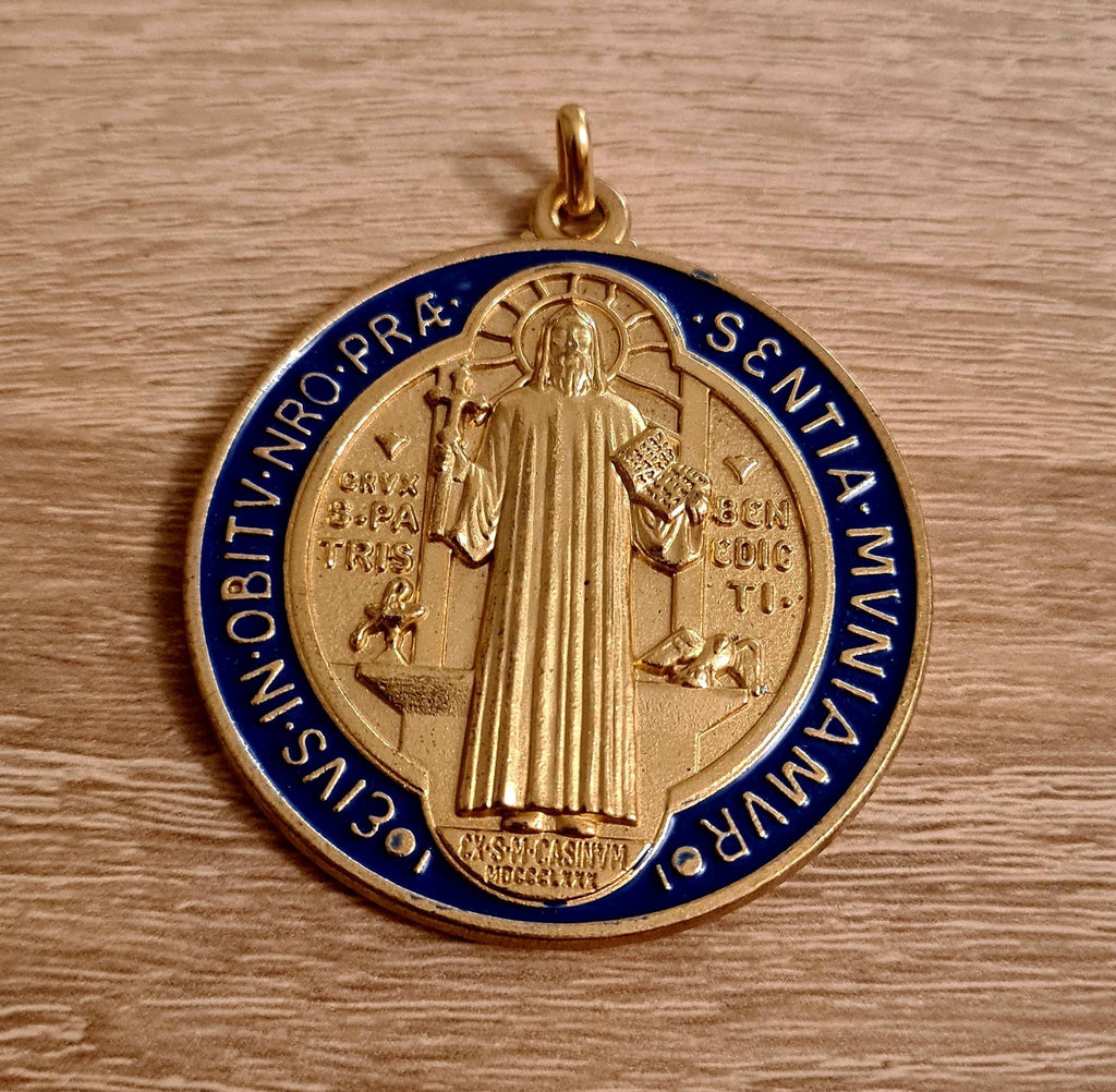 ST BENEDICT MEDAL, xl medal 2 inch, San Benito medal gold tone, Italy medal, Saint Benedict medal