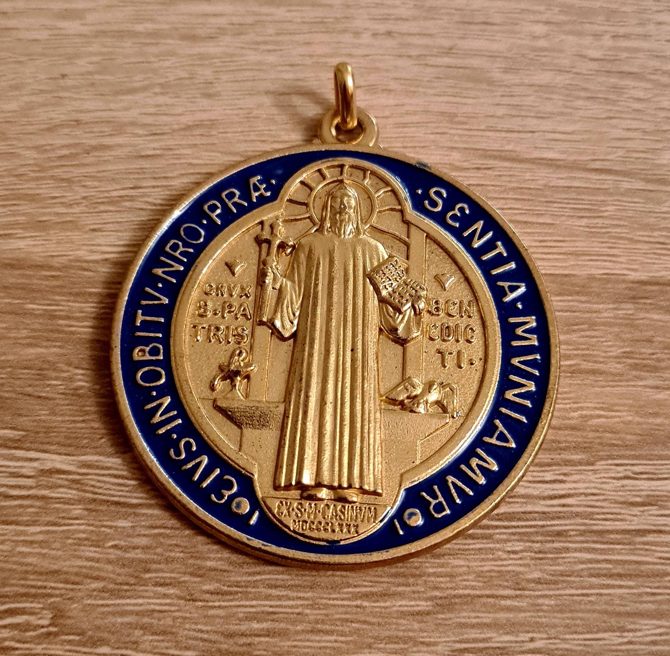 ST BENEDICT MEDAL, xl medal 2 inch, San Benito medal gold tone, Italy medal, Saint Benedict medal