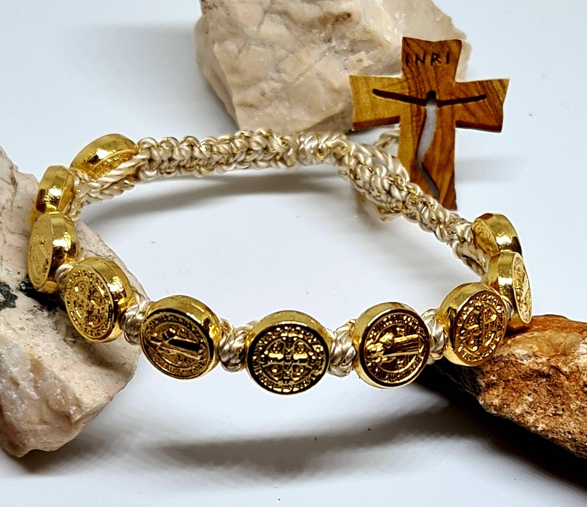 Handmade Saint Benedict gold Bracelet Knotted cord medal Jewerly religious Gift catholic Medjugorje women men adjustable blessing holy