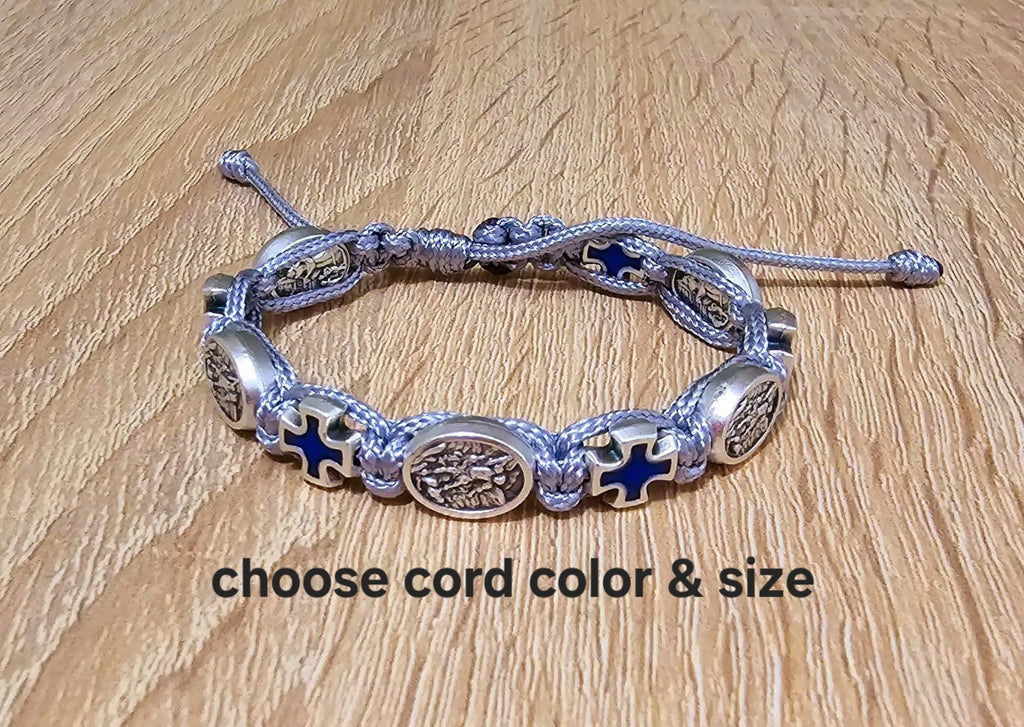 St Michael Archangel bracelet, blue crosses catholic bracelet, knotted cord bracelet