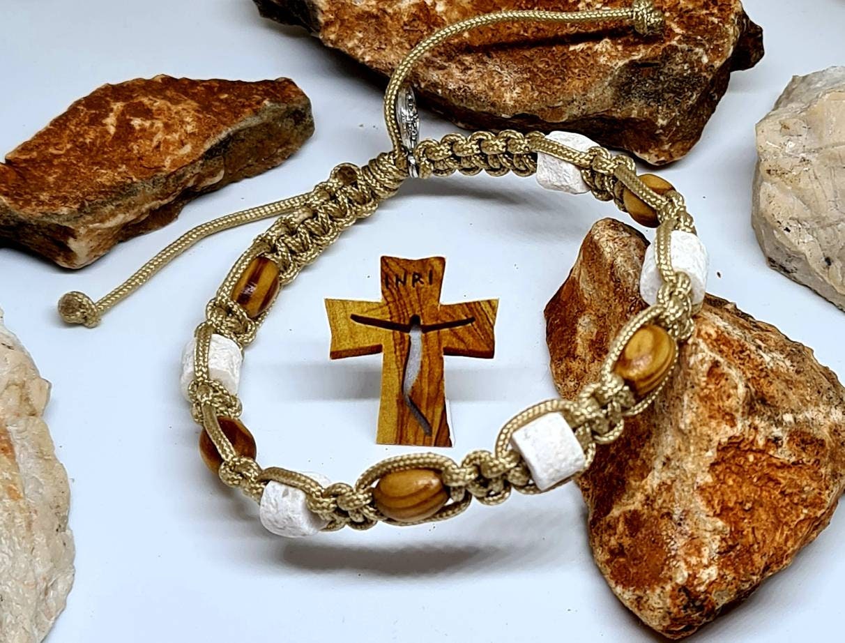 Saint Bracelet Wood / Stones, handmade holy bracelet, knotted cord catholic bracelet, Adjustable cord unisex bracelet, Catholic gift