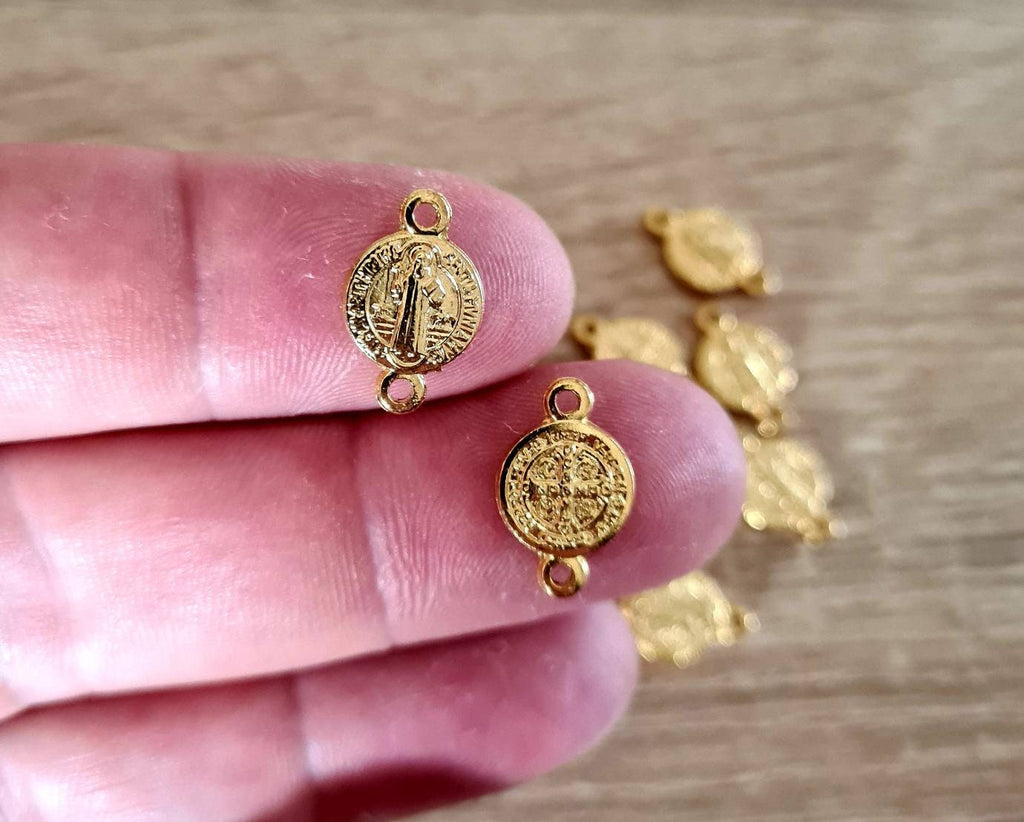 Gold Saint Benedict Medal Connector, San Benito Rosary Centerpiece, Catholic Rosary Parts, Religious Jewelry Findings, Wholesale Bulk