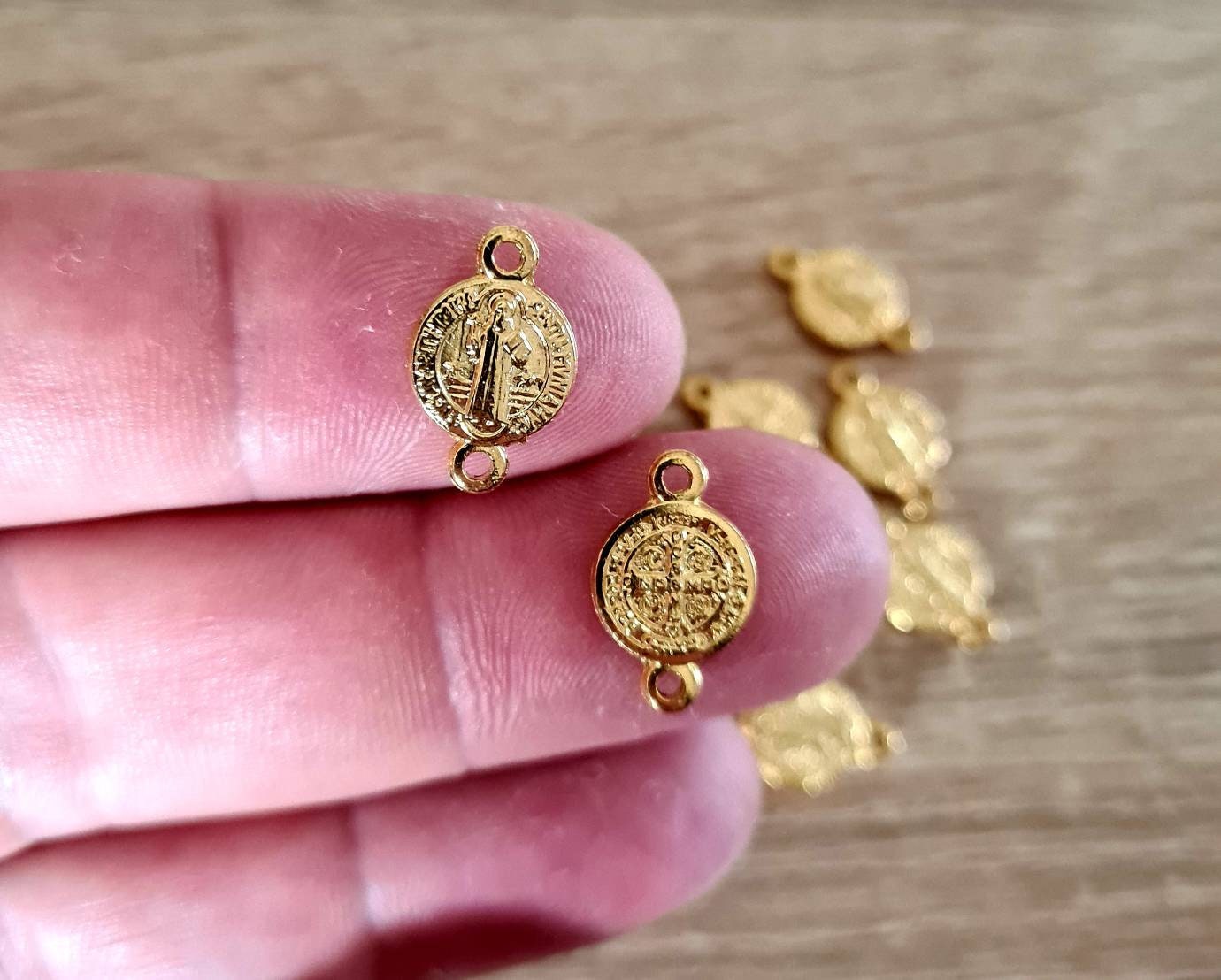 Gold Saint Benedict Medal Connector, San Benito Rosary Centerpiece, Catholic Rosary Parts, Religious Jewelry Findings, Wholesale Bulk