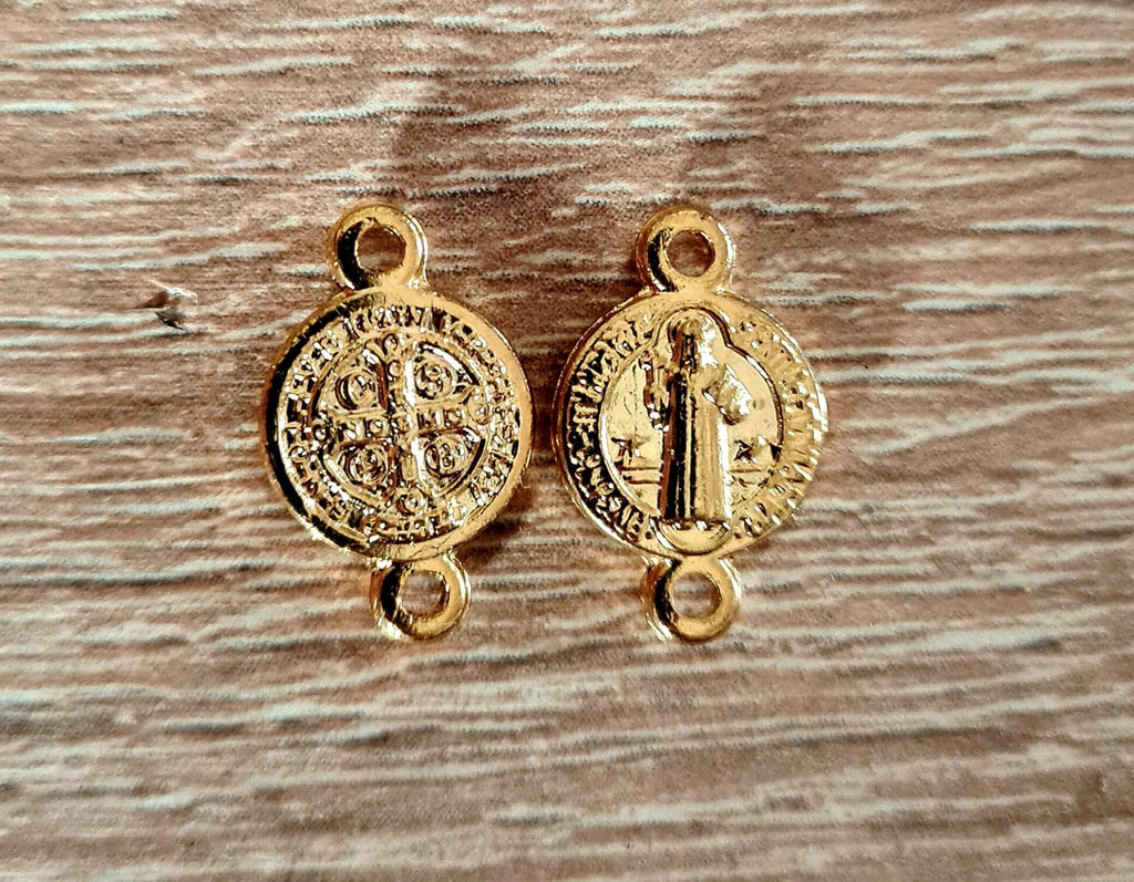 Gold Saint Benedict Medal Connector, San Benito Rosary Centerpiece, Catholic Rosary Parts, Religious Jewelry Findings, Wholesale Bulk