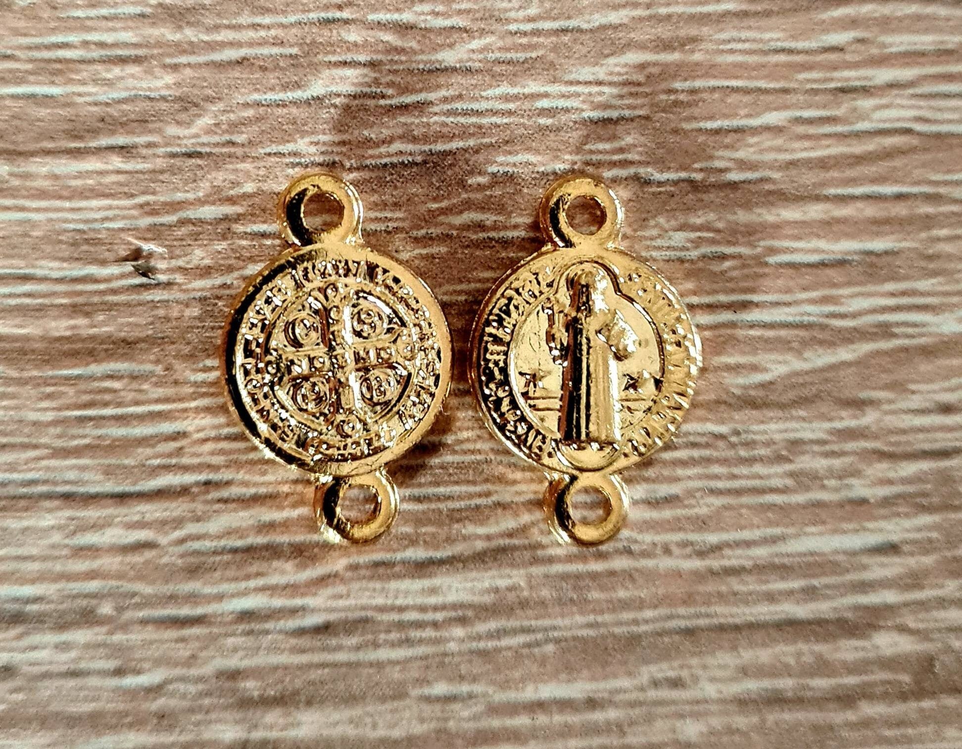 Gold Saint Benedict Medal Connector, San Benito Rosary Centerpiece, Catholic Rosary Parts, Religious Jewelry Findings, Wholesale Bulk
