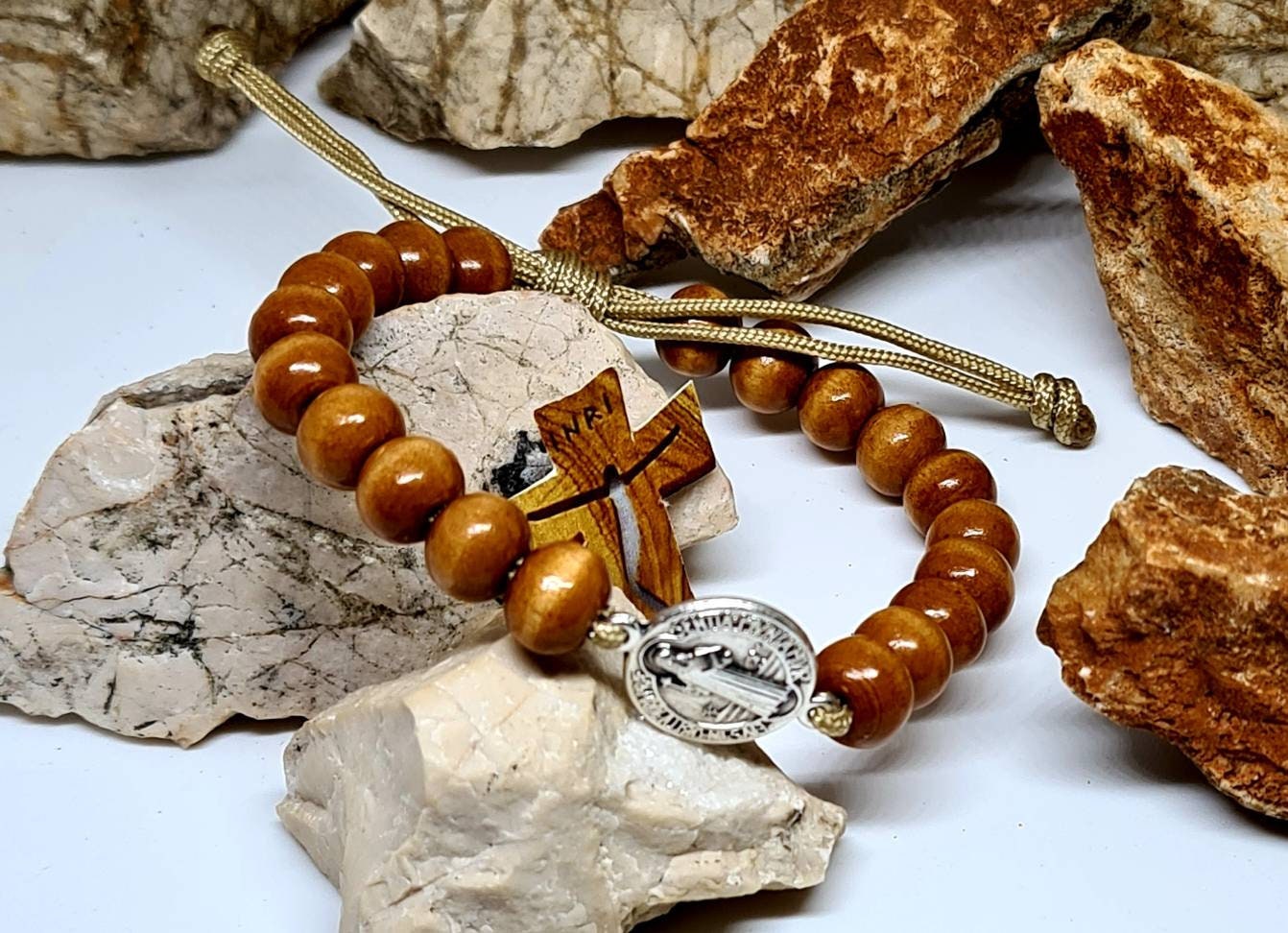 SAINT BENEDICT BRACELET, handmade wooden adjustable bracelet, christian holy bracelet, knotted cord bracelet, religious jewelry Medjugorje