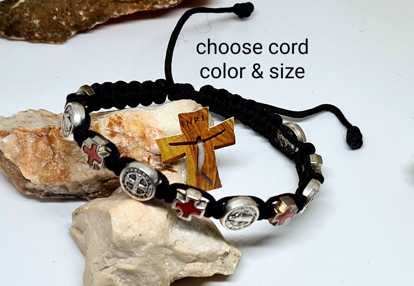 ST BENEDICT & red cross bracelet, handmade saint adjustable bracelet, christian holy bracelet, knotted cord bracelet from Medjugorje