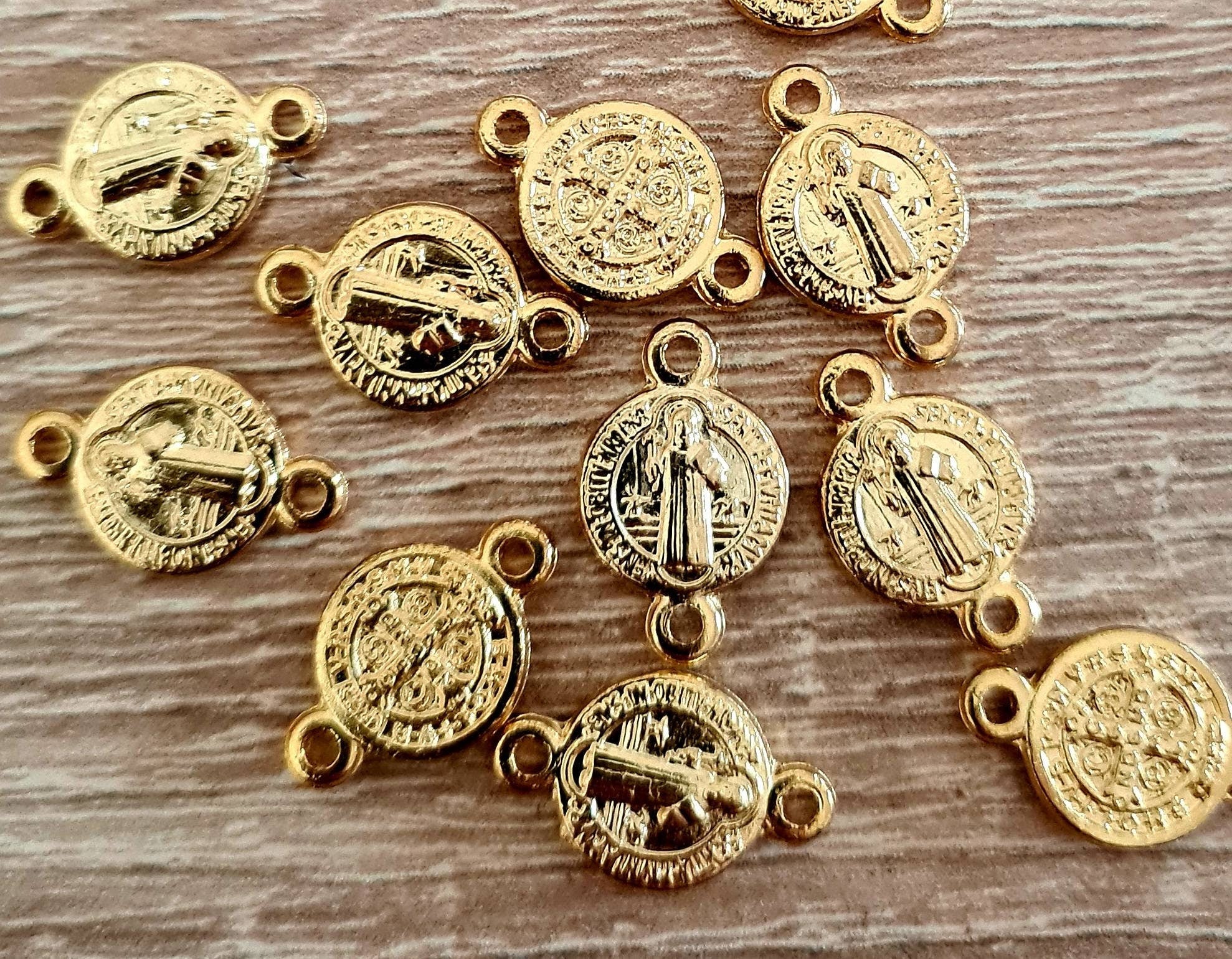 Gold Saint Benedict Medal Connector, San Benito Rosary Centerpiece, Catholic Rosary Parts, Religious Jewelry Findings, Wholesale Bulk