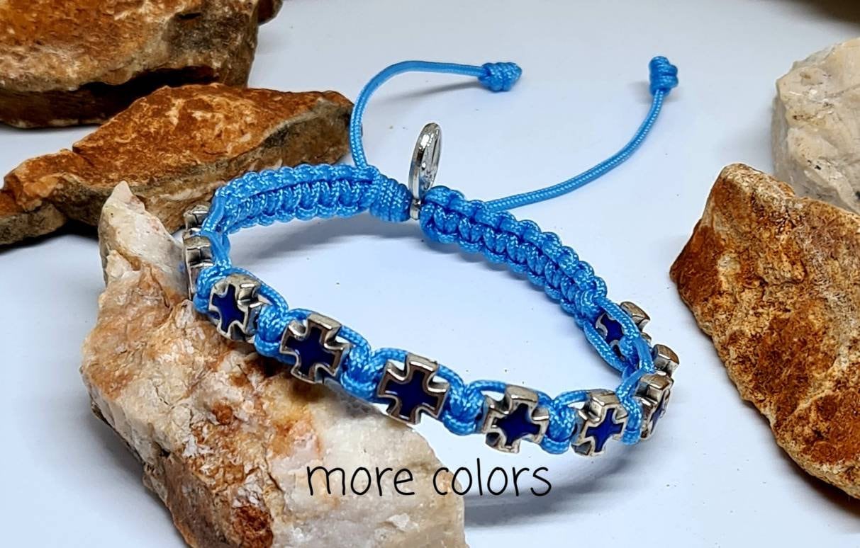 HANDMADE BRACELET with blue cross, saint adjustable bracelet, knotted cord christian bracelet, catholic gift