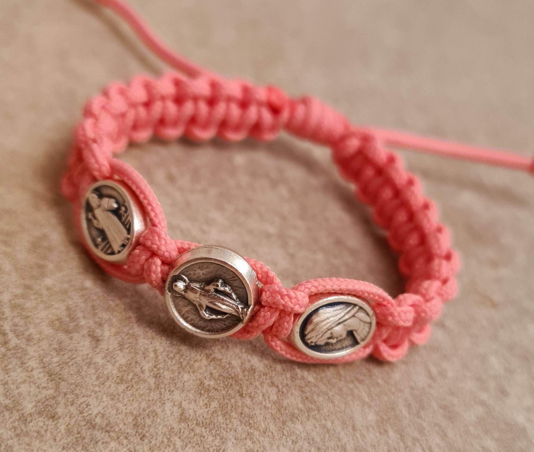 Kids catholic bracelet, St Benedict / Virgin Mary / Miraculous bracelet, catholic bracelet, knotted cord bracelet