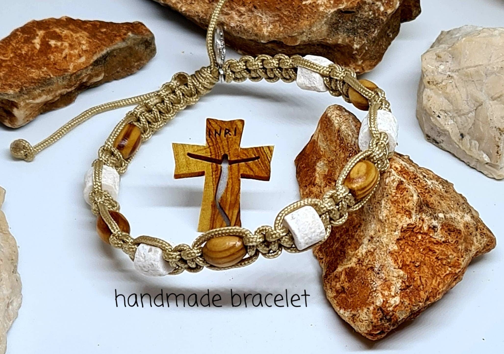 Saint Bracelet Wood / Stones, handmade holy bracelet, knotted cord catholic bracelet, Adjustable cord unisex bracelet, Catholic gift