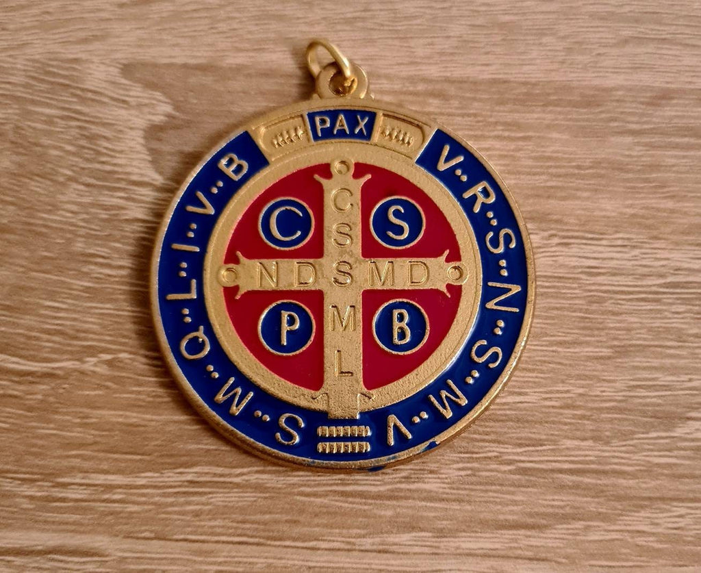 ST BENEDICT MEDAL, xl medal 2 inch, San Benito medal gold tone, Italy medal, Saint Benedict medal
