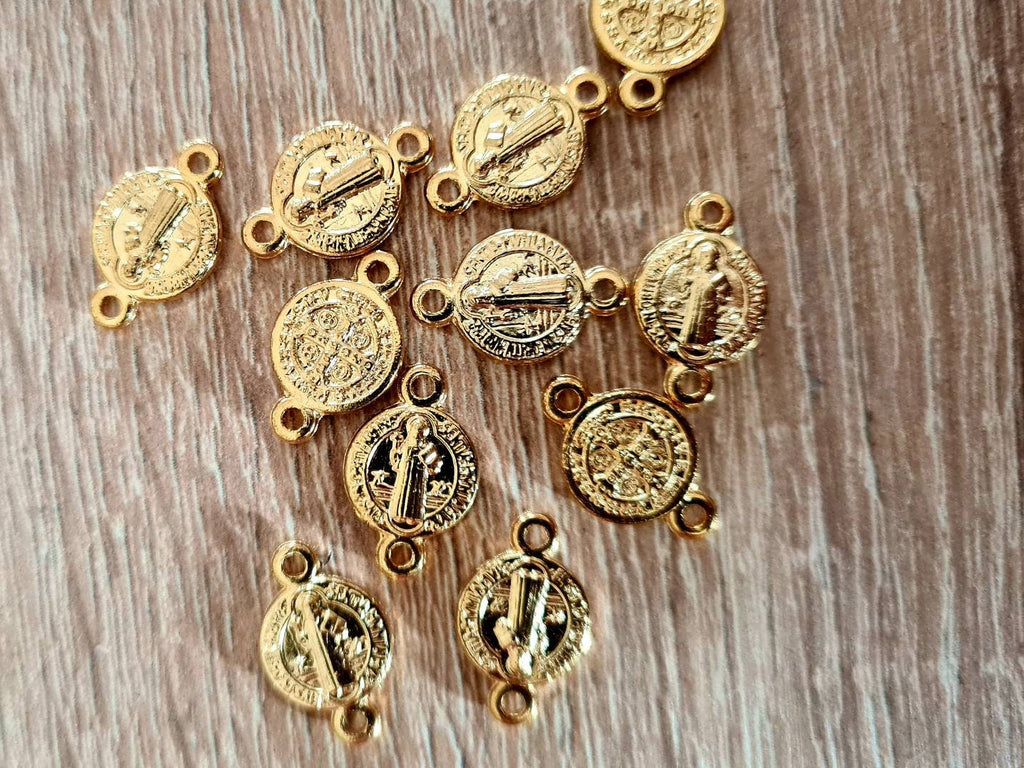 Gold Saint Benedict Medal Connector, San Benito Rosary Centerpiece, Catholic Rosary Parts, Religious Jewelry Findings, Wholesale Bulk