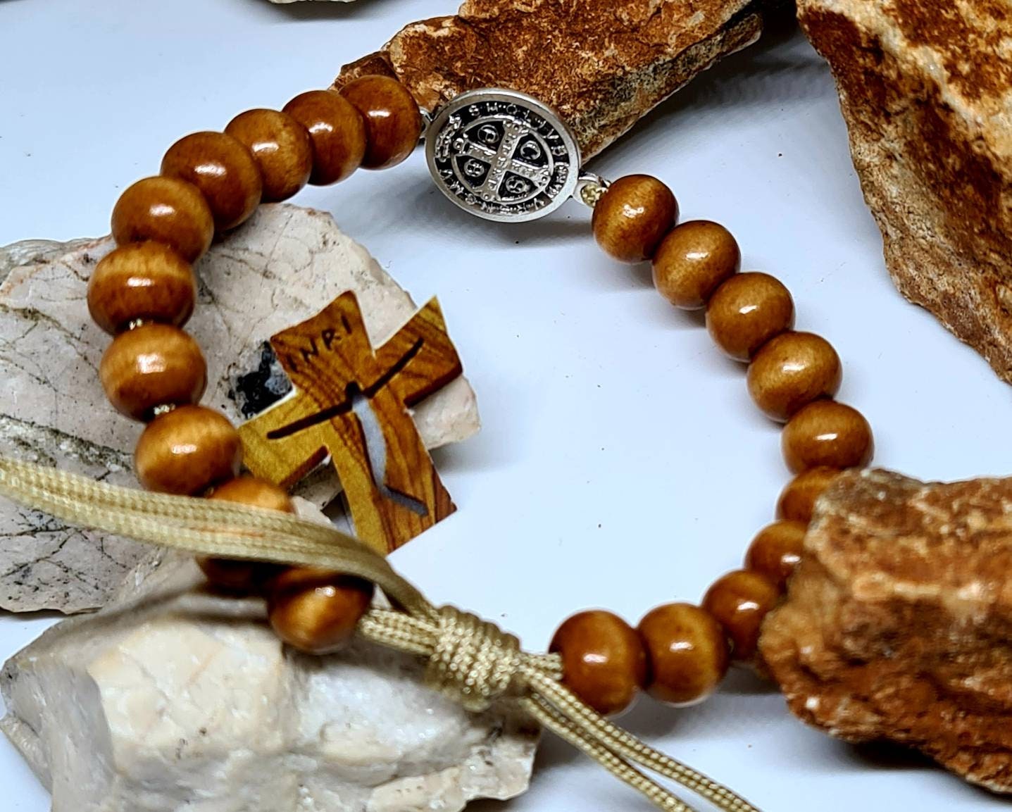 SAINT BENEDICT BRACELET, handmade wooden adjustable bracelet, christian holy bracelet, knotted cord bracelet, religious jewelry Medjugorje