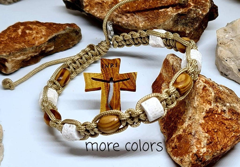 Saint Bracelet Wood / Stones, handmade holy bracelet, knotted cord catholic bracelet, Adjustable cord unisex bracelet, Catholic gift