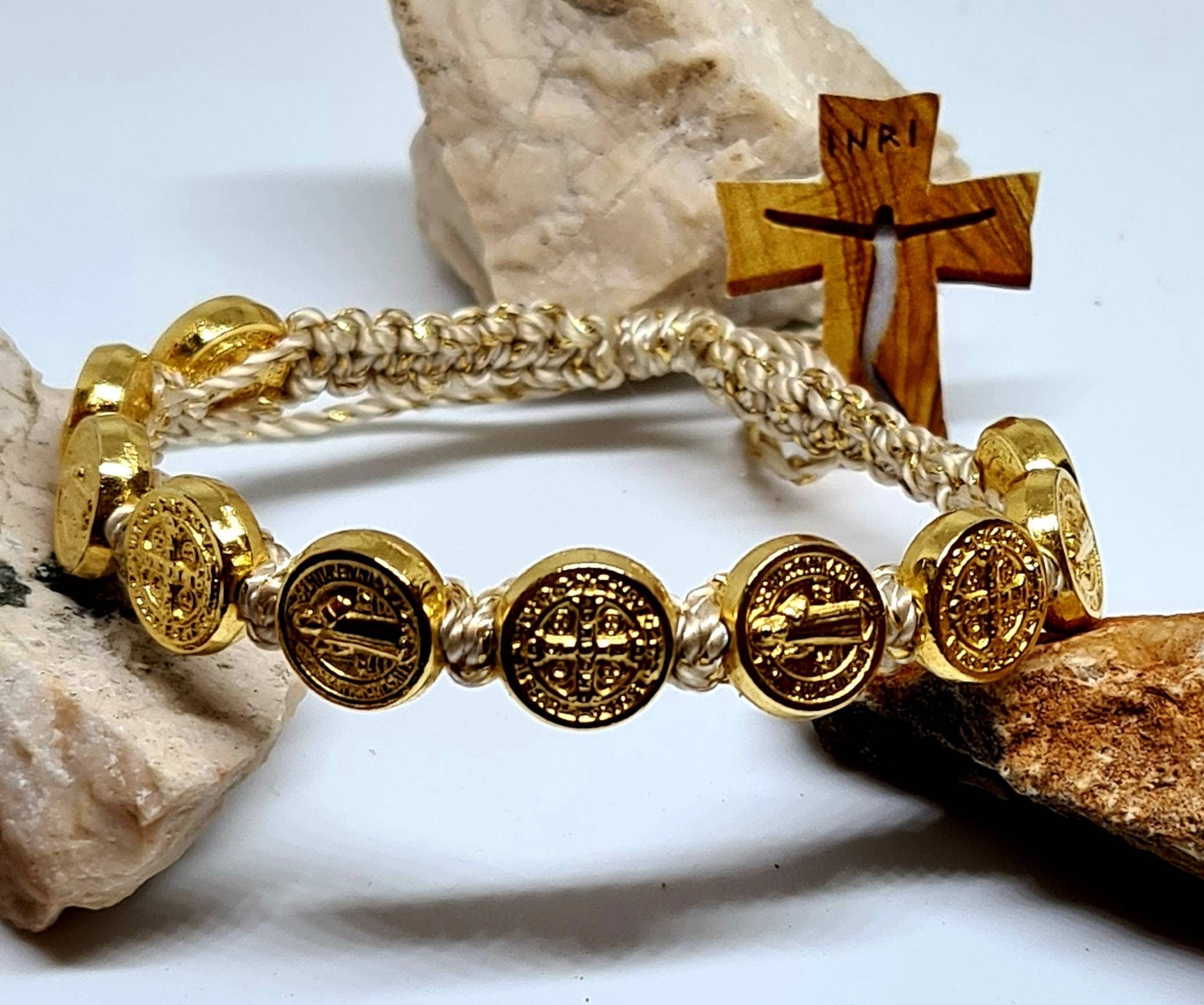Handmade Saint Benedict gold Bracelet Knotted cord medal Jewerly religious Gift catholic Medjugorje women men adjustable blessing holy